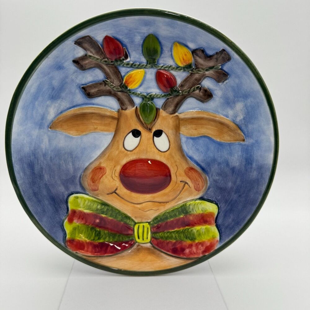 Vintage 2003 Clay Art Reindeer Ceramic Dinner Plate Hand Painted Christmas 10in